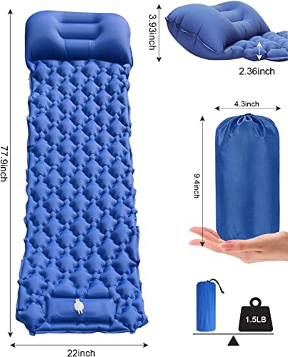 TECHVIDA Camping Outdoor Inflatable Sleeping Pad with Built-in Pump, Air Mattress with Pillow, Ultra Light and Waterproof, Suitable for Backpacking, Hiking, Travel, Adventure, Tent (Dark Blue)