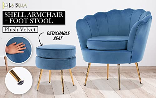 La Bella Shell Scallop Navy Blue Armchair Accent Chair Velvet + Round Ottoman Footstool