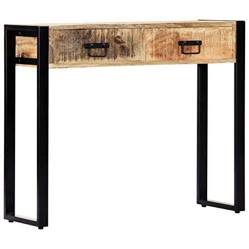 vidaXL Solid Mango Wood Console Table with Drawers - Rustic Industrial Style Rectangular Hall Table - Durable, Storage Solution for Home Decor.