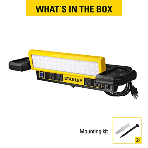 STANLEY PSL1000S Adjustable 45 COB LED Workbench Light with AC Power Outlets, Dual 2.1 Amp USB Charging Ports, and Tool Storage