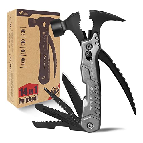 Zune Lotoo Hammer Multitool Camping, Multifunctional Survival Hammer 14 in 1 Stainless Steel Alloy Multi Use Tool with Hammer Pocket Gifts for Engineer Handyman Him Men Dad Gifts