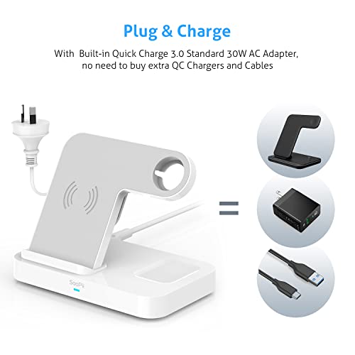 SooPii 4 in 1 Wireless Charging Station with 2 USB Ports, with Built-in QC 3.0 AC Adapter with Apple Watch Holder, Compatible with Apple Watch Charger Series,QI Certified 15W max Wireless Charging