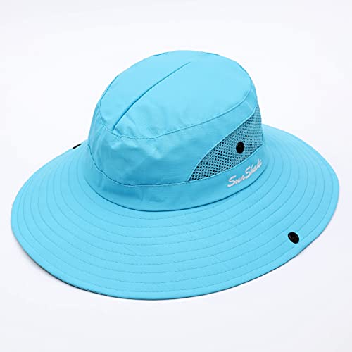 Muryobao 2 Pack Women Ponytail Summer Sun Hat UV Protection Wide Brim Foldable Safari Fishing Cap, 2 Pack - Pure Blue & Pink, One Size