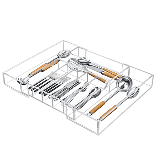 (Clear) - NIUBEE Acrylic Kitchen Drawer Organiser for Flatware and Utensils, Expandable Silverware Organiser and Cutlery Tray for Kitchen, Office,Bathroom Supplies, Clear 50cm