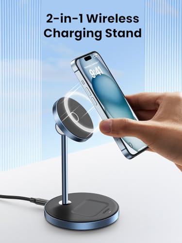 UGREEN 2-in-1 Magnetic Wireless Charging Station, Compatible with MagSafe Charging Stand, Wireless Charger with 3 FT USB-C Cable for iPhone 15/14/13/12 Series and AirPods Series (No AC Adapter)