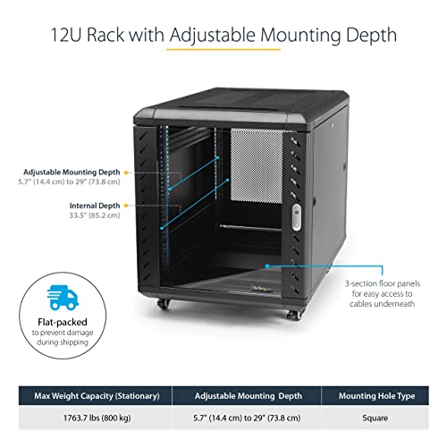 StarTech RK1236BKF 12U 36in Knock-Down Server Rack Cabinet with Casters