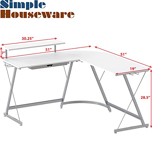 SHW Gaming L-Shaped Computer Desk with Monitor Stand, White