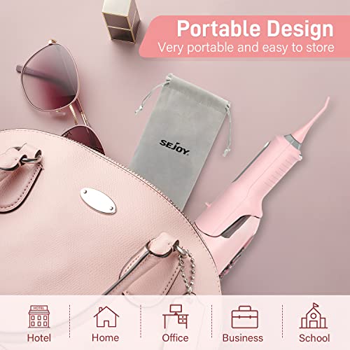 Sejoy Cordless Water Flosser, Water Dental Flosser Water Flossers for Teeth Portable Oral Irrigator Rechargeable for Home Travel Office, 270ML IPX7 Waterproof 5 Cleaning Modes & 5 Jet Tips, Pink