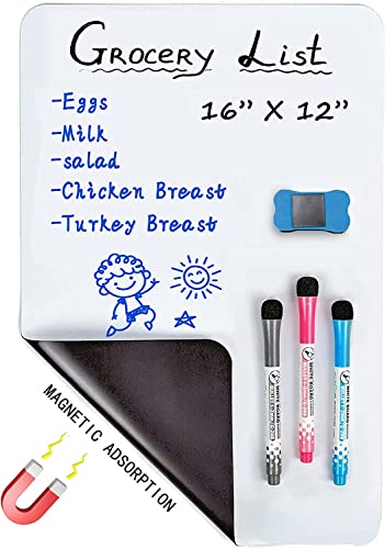 Fridge Whiteboard Magnetic, Dry Erase Board Self Adhesive for Any Smooth Surface with New Stain Resistant Technology,Home Kitchen Fridge Shopping List and Office Notice Board (16" X 12")