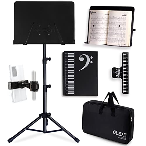GLEAM Sheet Music Stand - 5 in1 Desktop Book Stand Metal with Carrying Bag Folder and Clamp