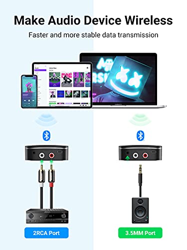 UGREEN Bluetooth 5.0 Receiver 3.5mm Aux & 2RCA Jack Wireless Music Adapter Built-in Battery Portable Bluetooth 5 Audio Adaptor for HiFi Stereo Amplifier Speaker Car Audio TV Headphones Home Theater