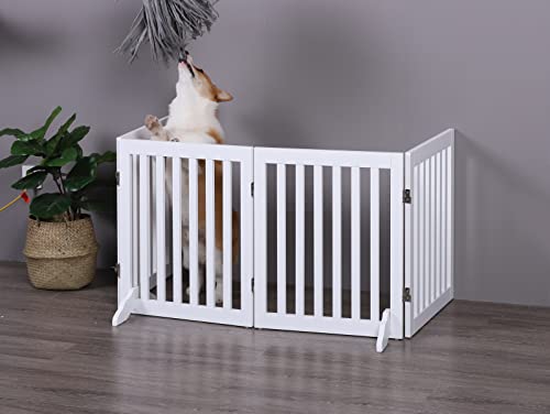 Charlie's 4 Panel Freestanding Wooden Pet Gate for Dog Cat Suitable for Doorways Halls Bedrooms Staircases Laundry Rooms Backyards No Drilling Durable Portable Indoor/Outdoor - White 204cmx1.8cmx61cm