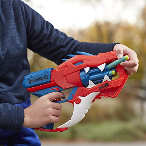 Nerf DinoSquad Raptor-Slash Dart Blaster, 6-Dart Rotating Drum, Slam Fire Action, 6 Official Nerf Elite Darts, Velociraptor Dinosaur Design
