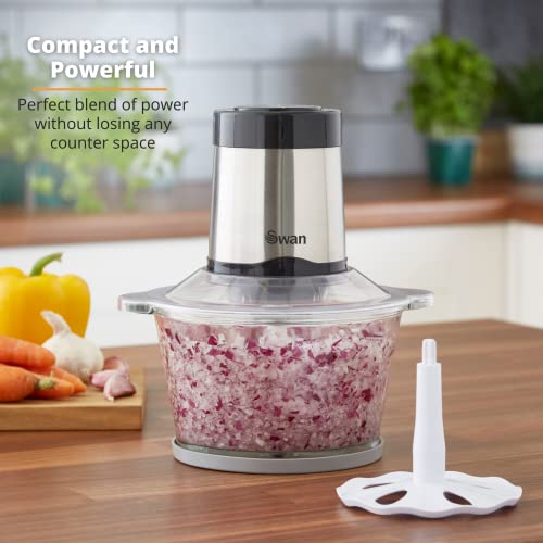 Swan Electric Food Chopper, Food Processor, 1.8L Glass Bowl, 26000 RPM Motor, Stainless Steel Blade & Beating Blade, Anti-slip Removeable Mat, 2 Speed Settings, Stainless Steel, SP42010N