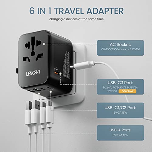 LENCENT Universal Travel Adapter, International Charger with 3 USB Ports & Type-C PD Charging Adaptor for Cellphones,Laptop, All in One Travel Plug Adapter for Over 200 Countries (USA UK EU AUS) Black