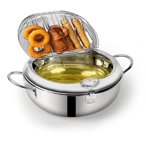 Deep Fryer Pot - Japanese Tempura Small Deep Fryer Stainless Steel Frying Pot With Thermometer,Lid And Oil Drip Drainer Rack for French Fries Shrimp Chicken Wings and Shrimp (9.4Inch(24CM), Sliver)