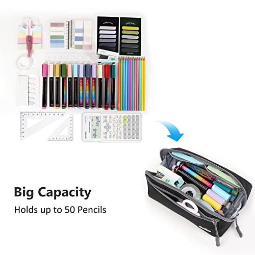 ProCase Zipper Pencil Case Holder Bag Large Capacity Pen Pencil Pouch, Back to School Gifts for Adults School Students Kids Boys Girls -Black