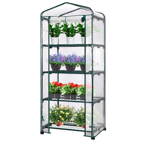 VIVOSUN Mini 4-Tier Greenhouse with Wheels, 27 x 19 x 63-Inch Reusable Portable Warm House with Clear PVC Cover and Shelf for Compact Garden and Small Backyards, with Wheels