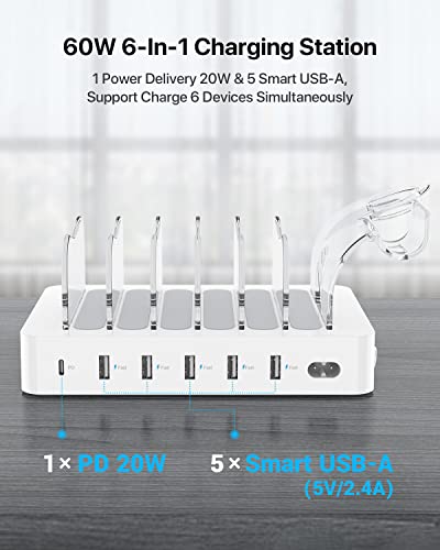 SooPii 60W 6-Port Charging Station for Multiple Devices, PD 20W USB C Fast Charging for lPhone 14/13/12,6 Short Cables Included, 2 in 1 Holder,for Phones,Tablets and Others