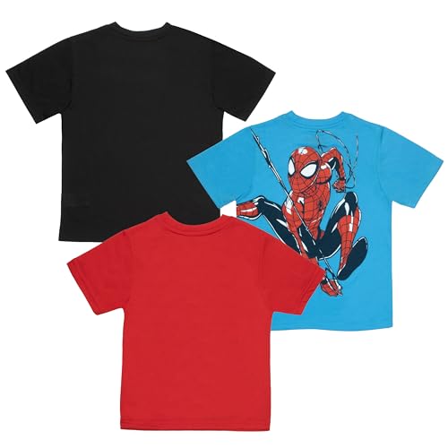 Marvel Spider-Man Comics Peter Parker Boys 3-Pack Short Sleeve T-Shirt Bundle Set for Kids, Black/Red/Blue, 10-12