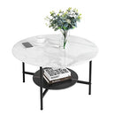 Round Coffee Table 80cm Large Marble Table Sleek Centre Accent Table Genuine Sintered Stone Table White and Black Marble Top with Matt Black Frame Designed 2-Tier Coffee Table for living room