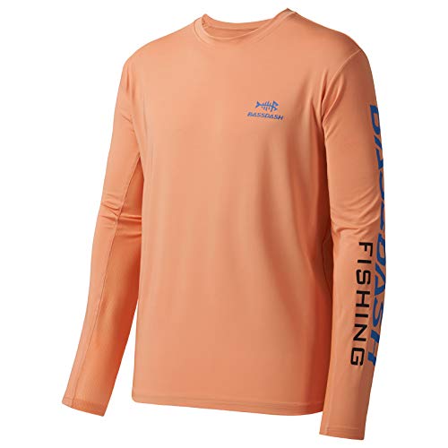 Bassdash Fishing T Shirts for Men UV Sun Protection UPF 50+ Long Sleeve Tee T-Shirt (Peach/Vivid Blue Logo, XXL)