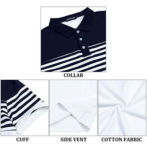 LUJENGEFA Mens Polo Shirt Stripe Short Sleeve Regular Tops Classic Casual Golf Contrast Color T-Shirt White