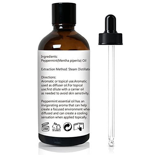 Peppermint Essential Oil, Pure Natural Peppermint Oil for Spray, Diffuser, Hair, Skin, Massage - 100ml 3.38 Fl Oz