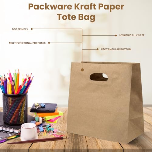 Packware Kraft Paper Tote Bags - Die Cut Handles, Flexicore Materials, Rectangular Shape, Disposable Party Favor, Grocery, Shopping & Food Carry Bags for Home & Commercial Uses - Brown (Pack of 100)