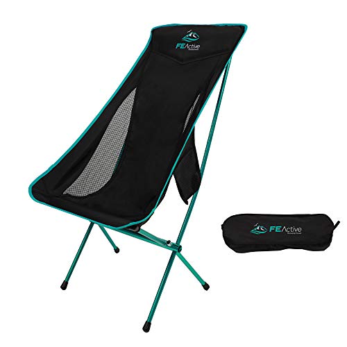 FE Active Camping Folding Chair - Extra Long Portable Compact Folding Beach Chair w/Headrest for More Comfort. Full Aluminum Joints for Hiking, Outdoors, Backpacking, Travel | Designed in California