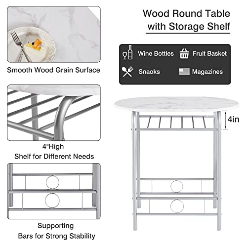 VECELO 3 Piece Small Round Dining Table Set for Kitchen Breakfast Nook, Wood Grain Tabletop with Wine Storage Rack, Save Space, 31.5", White & Silver