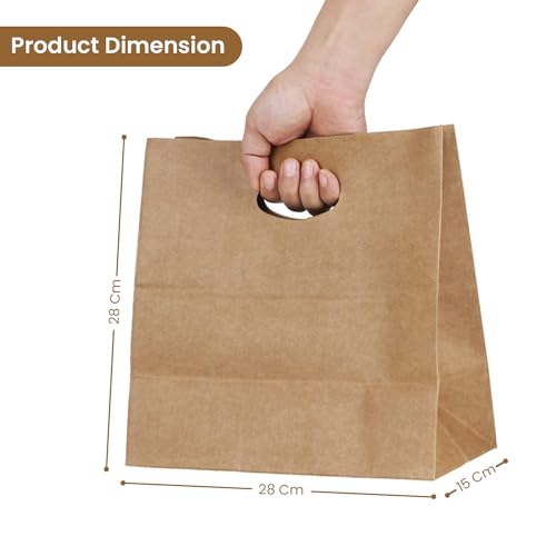 Packware Kraft Paper Tote Bags - Die Cut Handles, Flexicore Materials, Rectangular Shape, Disposable Party Favor, Grocery, Shopping & Food Carry Bags for Home & Commercial Uses - Brown (Pack of 100)