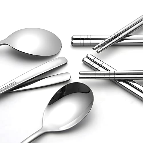 AOOSY 4 Set Chopsticks Spoons,Non-Slip Reusable Stainless Steel Chopsticks Korean Soup Spoon Set Healthy Silverware Tableware,Dishwasher Safe