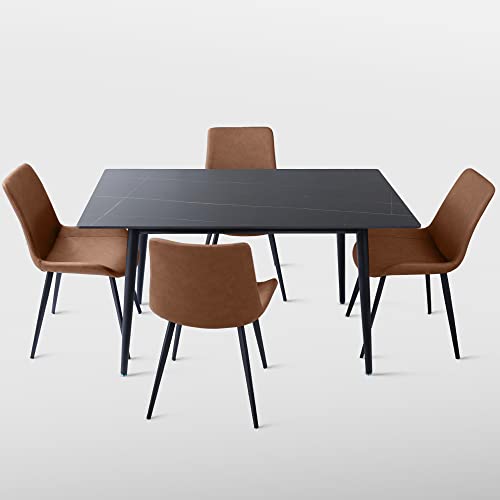 5 Piece Dining Table Set, Dining Chairs Set of 4, Modern Kitchen Table Set Top with Slate Stone, Metal Base & Legs, Dining Room Table and Leather Chairs (Brown,1 Table with 4 Chairs)