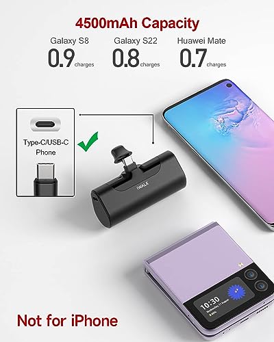 iWALK 4500mAh Small Portable Charger USB C Power Bank, Portable Phone Charger for Android, Compatible with Samsung Galaxy S23 Ultra/S22/Z Flip4/Note/Moto/LG/Google Pixel, Android Device, Black