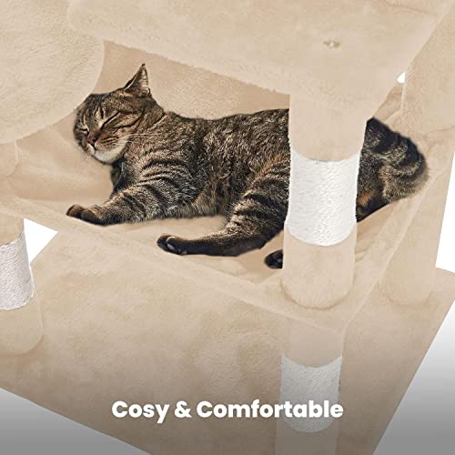 Floofi Cat Tree with Scratching Post & Interactive Cat Toy, Multi-Level Tower & Play House Suitable for Indoors (118 cm, Beige Plush Cat Condo)