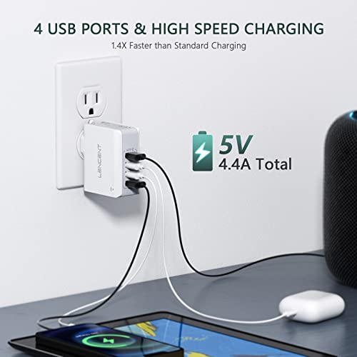 LENCENT USB Charger Plug, Lencent 4-Port Universal Travel Adaptor, 22W/5V 4.4A Wall Charger Plug with UK/USA/EU/AUS Worldwide Travel Charger Adapter for Phone, Android Phones, Tablets and More