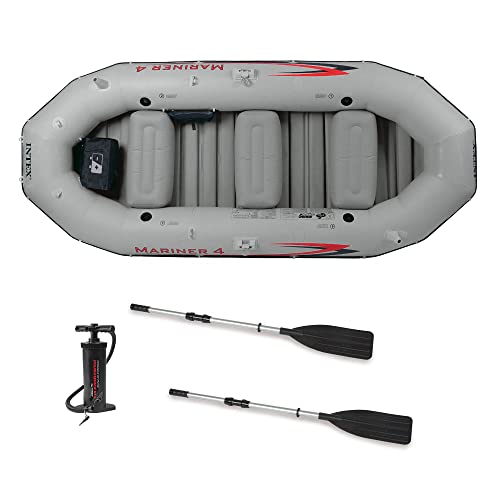 INTEX 68376EP Mariner 4 Inflatable Boat Set: Includes Deluxe 54in Aluminum Oars and High-Output-Pump – SuperTough PVC – Inflatable Thwart Seats – 4-Person – 1100lb Weight Capacity