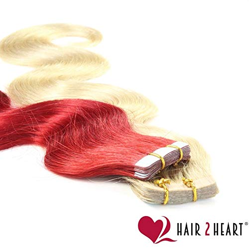 Hair2heart 2.5g x 10 Tapes Wavy Human Hair Extension, Red, 50 cm Length