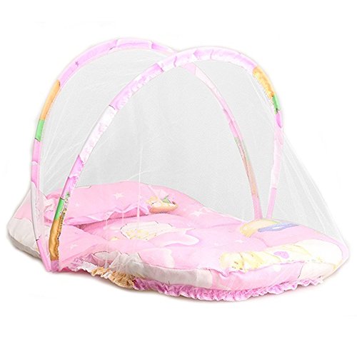 ZZM Infant Baby Mosquito Net Crib Foldable Zipper Sleeping Cushion Collapsible Travel Cot with Pillow 95 * 47 * 40 cm (Pink)