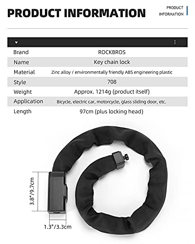 ROCKBROS Bike Chain Lock 8mm Thick Security Bicycle Lock Chain Anti-Theft Bike Locks with 2 Keys 100cm/3.28ft Long Lock for Bike, Motorcycle, Motorbike, Bicycle, Scooter, Door, Gates, Fence, Grill