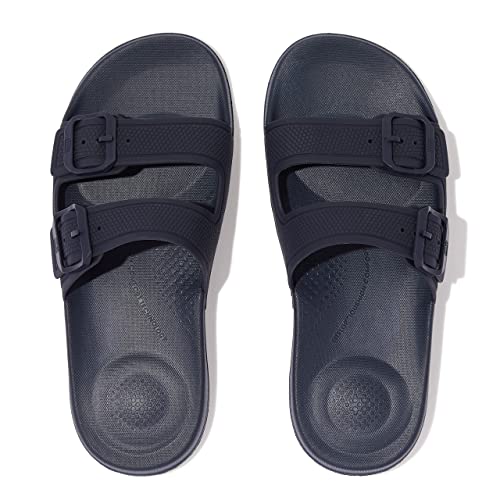 Fitflop Women's Iqushion Bar Buckle Slide Flat Sandal, Midnight Navy, 9 US