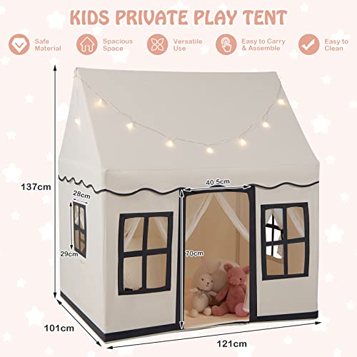 HONEY JOY Kids Play Tent, Toddler Large Playhouse w/Star String Lights, Washable Anti-Slip Coral Velvet Mat, Windows, Mesh Curtains, Indoor Outdoor Princess Play Castle Tent for Over 3 Years, Beige