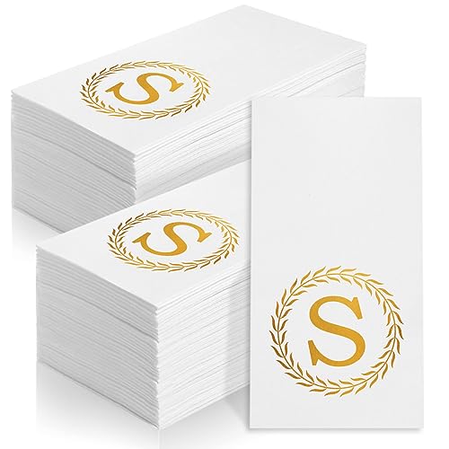 100 Gold Monogram Disposable Dinner Napkins - Letter S Paper Napkins Decorative, Custom Napkins for Guest, Monogrammed Hand Towels for Bathroom Wedding Birthday Party Baby Shower