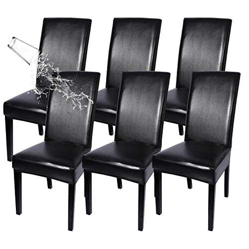 SearchI Waterproof PU Leather Dining Chair Covers Set of 6, Stretch Oilproof Parsons Chair Slipcovers Removable Washable Kitchen Chair Protector for Dining Room (Black)