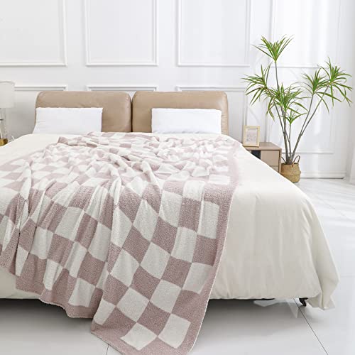 Bearberry Fuzzy Checkerboard Grid Throw Blanket Knitted Soft Cozy Warm Microfiber Blanket Decor for Couch Sofa Bed Travel Home (Cream, 50''x60'')