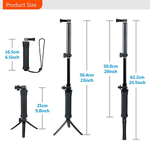 FitStill Waterproof 3 Way Tripod for Go Pro Hero 12/11/10/9/8/7/6/5/4 Black Session and Other Action Cameras, Detachable Extendable Pole with Hand Grip Stand