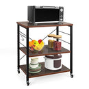 Giantex 3-Layer Kitchen Bakers' Rack Microwave Stand, Kitchen Rolling Cart with 4 Universal Wheels and 10 Removable Hooks, Coffee Cart Shelf Organizer for Kitchen, Living Room, Entryway (Rustic Brown)