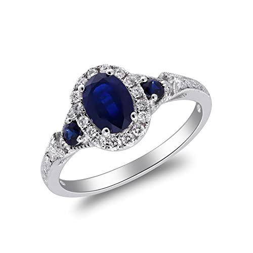 Gin & Grace Women's 14K White Gold Genuine Blue Sapphire Ring With Diamonds (Oval-Cut) Shaped (TW3319R-BS-10)