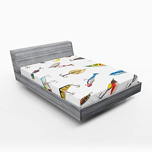 Ambesonne Fishing Fitted Sheet, Several Fish Hook Equipment Objects Trolling Angling Netting Gathering Activity, Bed Cover with All-Round Elastic Deep Pocket for Comfort, King Size, White Gray